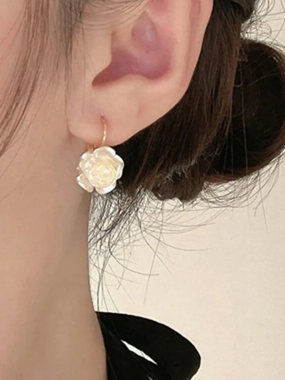 White French Pearl Camellia Flower Earrings